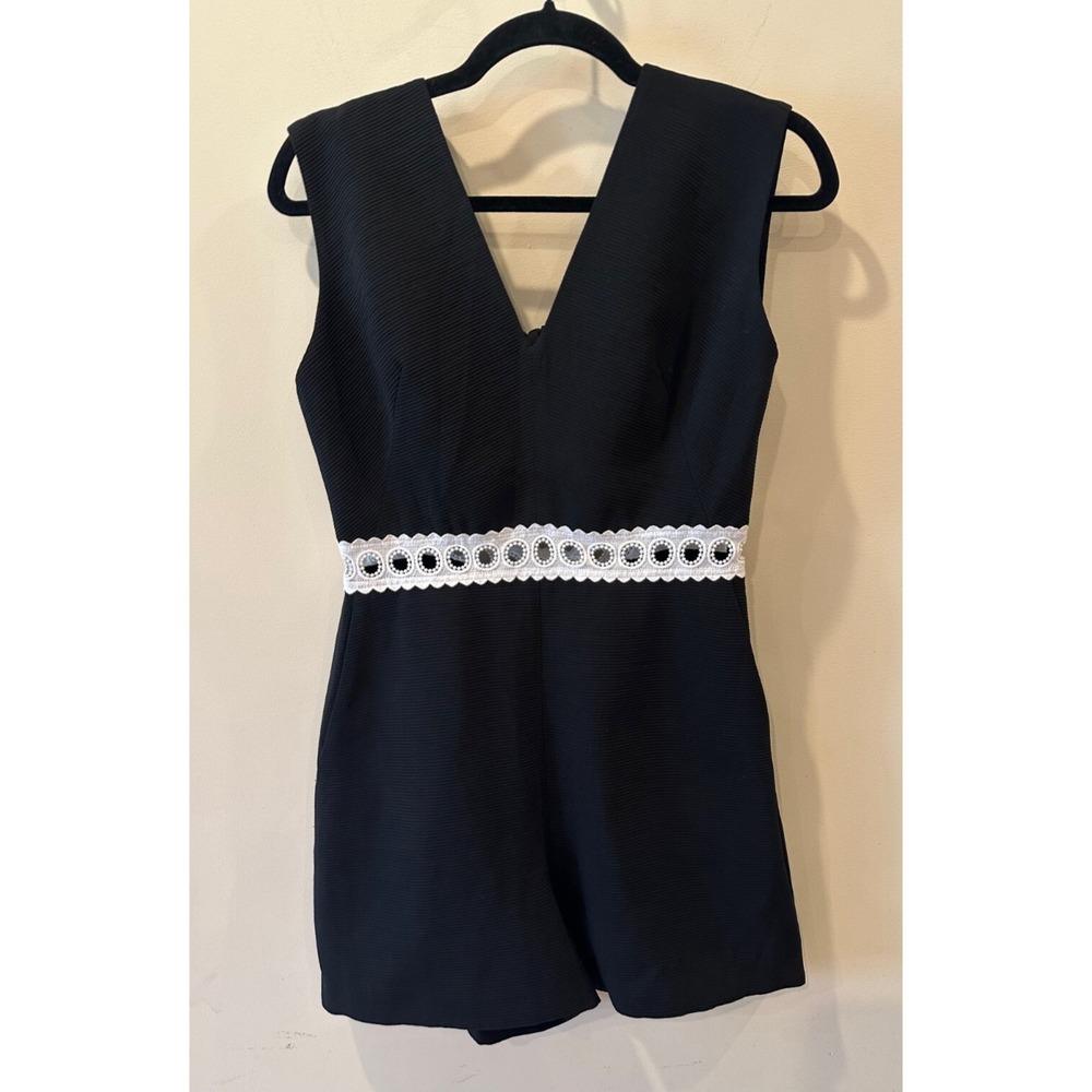 Sandro Paris‎ Helia V-Neck Black Romper Eyelet Lace Waist Open Back Sz 4 $280